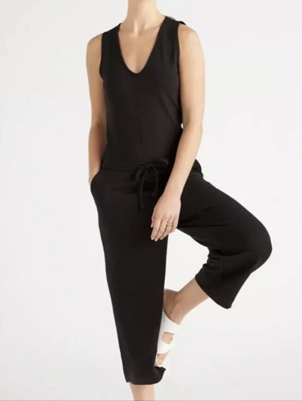 NWT Quince Jumpsuit Womens L Black French Terry Modal Sleeveless Crop